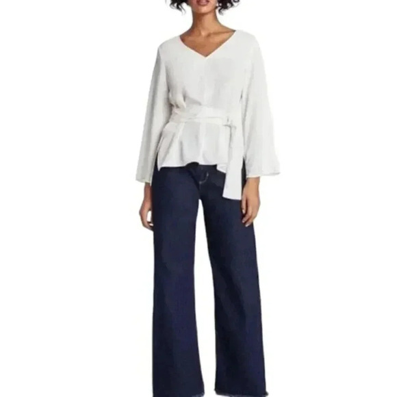 Zara White Blouse Top With Belt  V-Neck Flowy Size Small - Picture 5 of 14